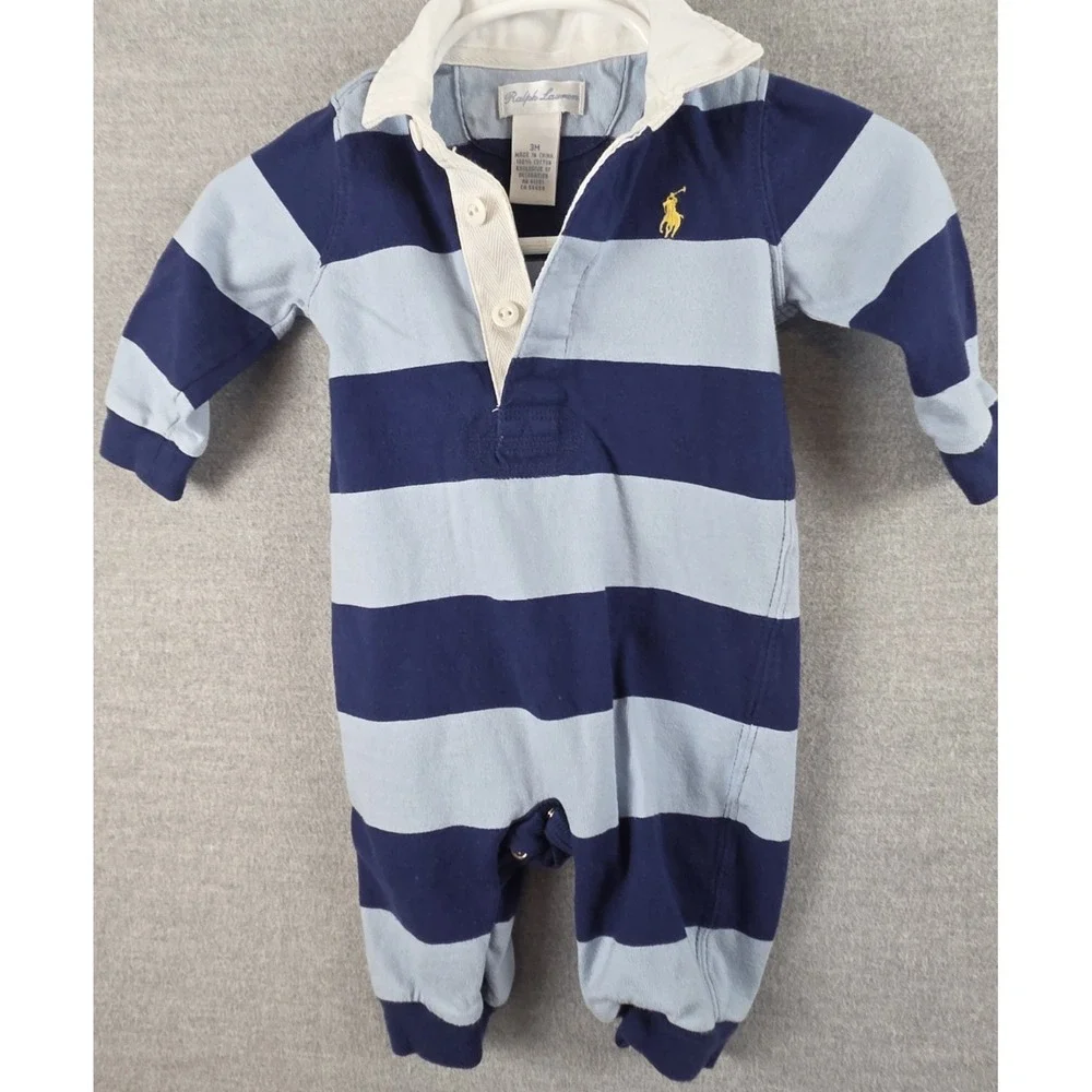Ralph Lauren Baby Boy 3M One Piece Blue Stripe Rugby Footed Romper Snap Pony